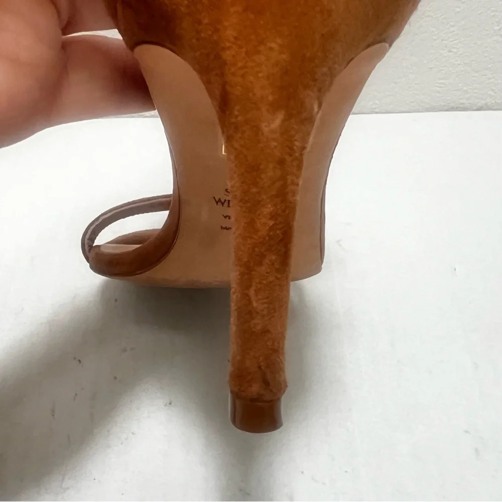 Stuart Weitzman Nudist II Designer Sandal Stiletto Heels Sz 7.5 Tan Suede Luxury